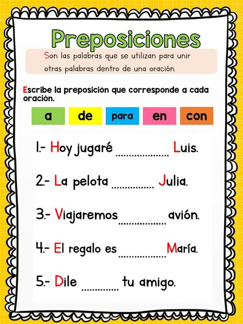 Actividad De Preposiciones Para Español