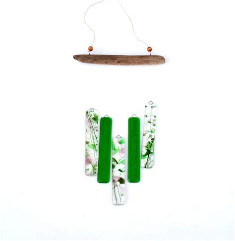 Fused Glass Wind Chimes Driftwood Hanger Spring Green And