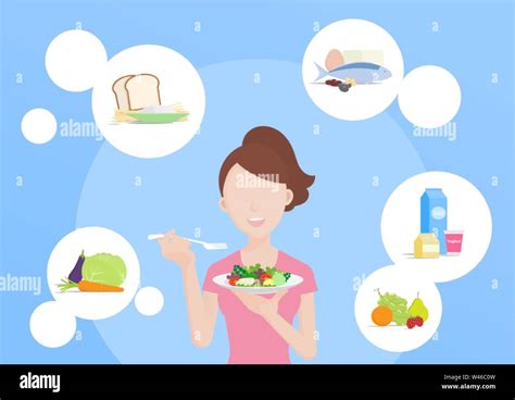 Young Woman Eating Healthy Food 5 Food Groups Organic Vecter
