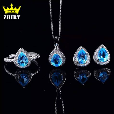Zhhiry Natural Blue Topaz Jewelry Sets Genuine Solid Sterling