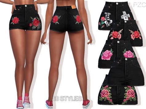 The Sims Resource Summer Black Denim Embroidered Shorts By