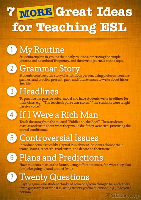 7 More Great Ideas For Teaching Esl Poster Esl Teaching Esl Lessons