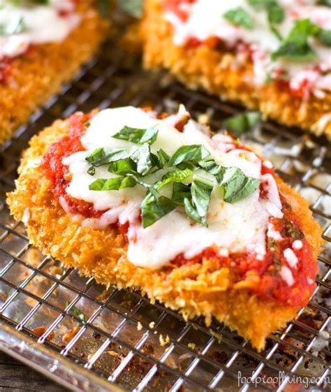 Breaded chicken covered in marinara sauce and topped with melted cheese—great served over pasta! Oven Baked Chicken Parmesan