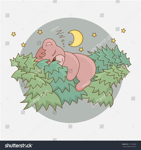Night Cartoon Teddy Bear Sleeping On Spruce Vector Illustration
