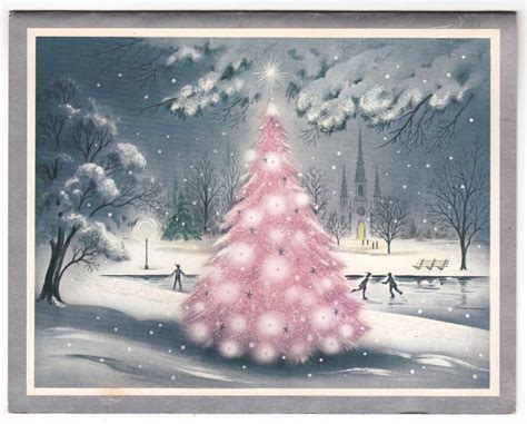 Vintage Greeting Card Pink Christmas Tree Glittered Mid Century With
