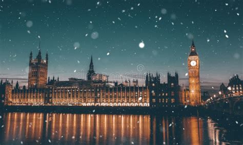 Famous Big Ben In The Evening Snow London England Stock Photo Image