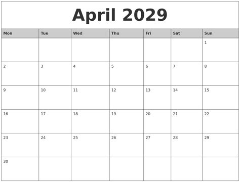 April 2029 Monthly Calendar Printable