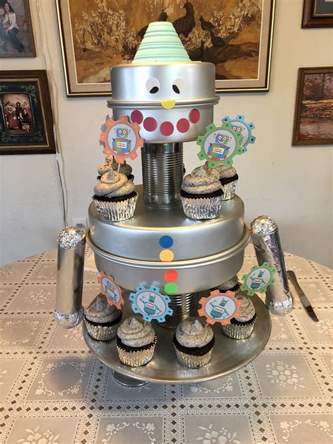 Robot Cupcake Stand Made From Cake Pans Canned Food And Random Things From Around The House