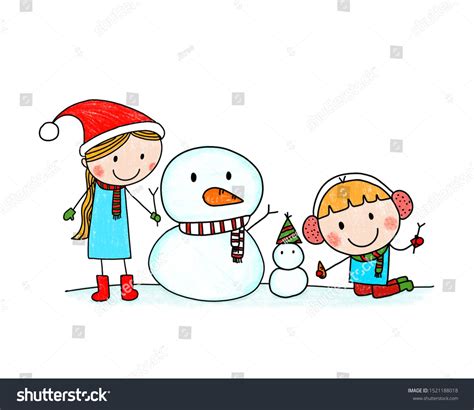 Cute Little Boy Girl Making Snowman Stock Illustration 1521188018