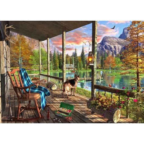 A View Of The Lake And Mountains From A Cabin Veranda Poster Print By