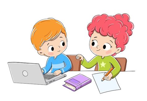 Premium Vector Children Doing Homework With A Computer A Book And Pencil
