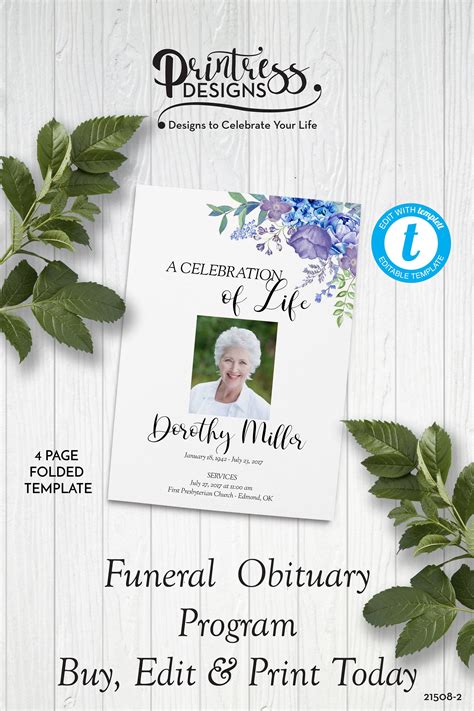 Purple And Blue Floral Funeral Program Template Obituaryorder Of