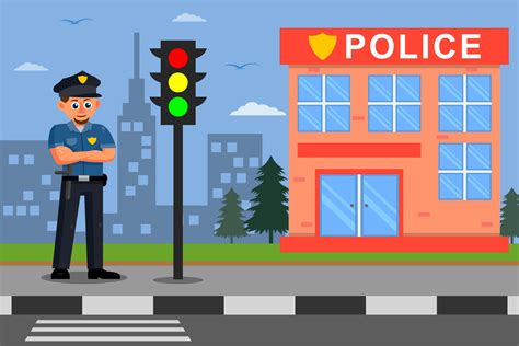 Policeman Standing In Front Of Police Station Cartoon Illustration