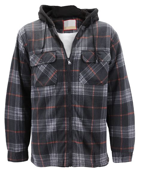vkwear men s heavyweight flannel zip up fleece lined plaid sherpa hoodie jacket 847r black