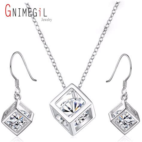 GNIMEGIL Brand Jewelry Geometric Square Clear Cubic Zirconia Pendant Necklace Drop Earrings