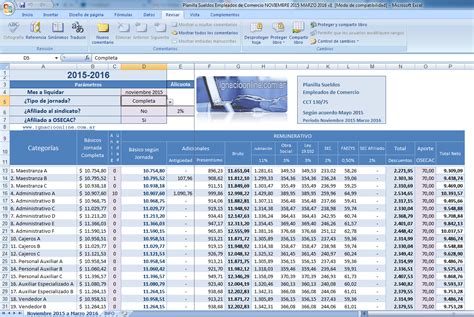 Planilla Excel Sueldos De Empleados De Comercio Noviembre 2015 Marzo 2016