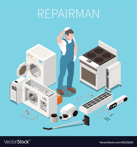 Concerned Repairman Isometric Composition Vector Image