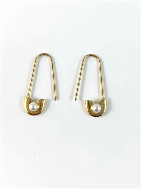 14k Solid Gold Safety Pin Earrings With Pearl Accents 2 Cm Etsy