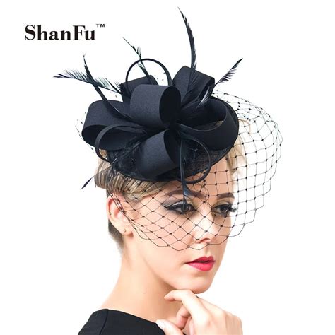 shanfu women fancy feather fascinator hats black birdcage veil wedding hats and fascinators