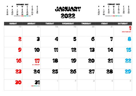 Free Printable January 2022 Calendar With Holidays Free Printable January 2022 Calendar With