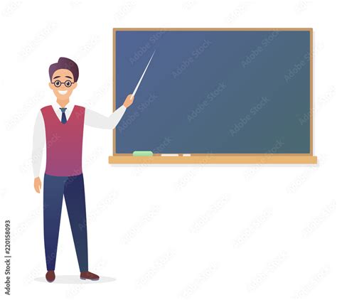 Young Man Teacher Standing In Front Of Blank School Blackboard Vector