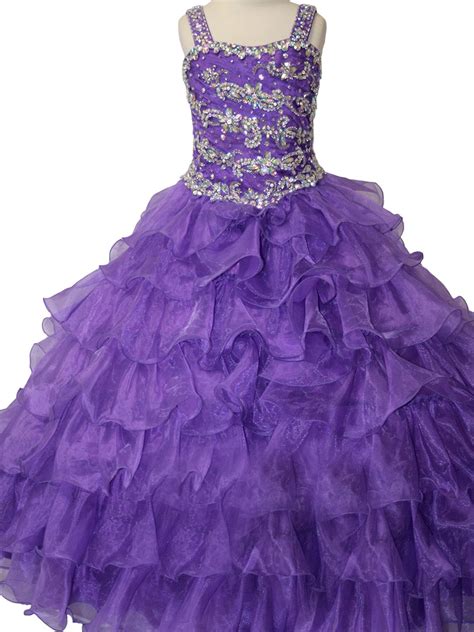 Girls Straps Ruffles Pageant Dress Crystals Beads Princess Child