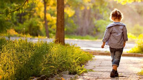 Backside Of Cute Little Girl Is Walking On Path In Nature Background Hd
