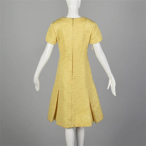 M 1960s Christian Dior Designer Day Dress Mod Yellow Floral Brocade