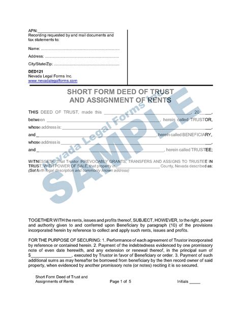 Short Form Deed Of Trust And Assignment Of Rents Nevada Legal Forms