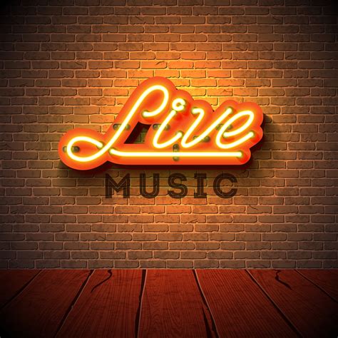 Live Music Neon Sign With D Signboard Letter On Brick Wall Background
