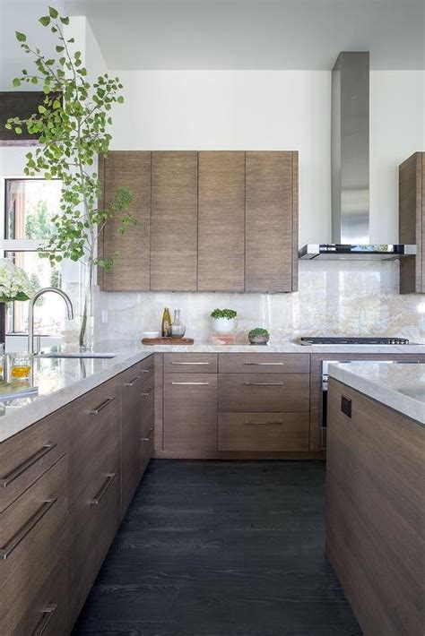 Walnut Stained Flat Front Kitchen Cabinets With White And Gold Stone