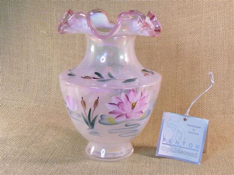 Fenton Art Glass~handpainted Floral Opalescent Ruffled Vase~pink Aqua ~new Qvc Glass Fenton