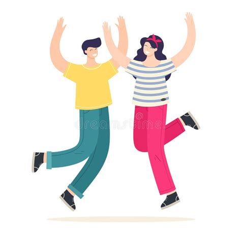 Young And Joyful Girl And Guy In A Jump Vector Illustration In Cartoon