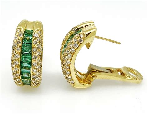 Emerald And Diamond Half Hoop Earrings In K Yellow Gold Hm