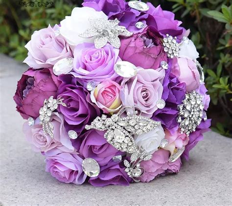 Large Lavender Dark Purple And White Silk Rose Wedding Bouquet With