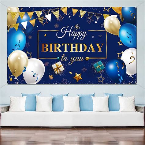 Cartel De Decoración De Feliz Cumpleaños Azul Marino Y Dorado