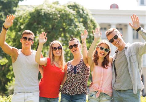 Group Smiling Friends Waving Hands City Park Stock Photos Free
