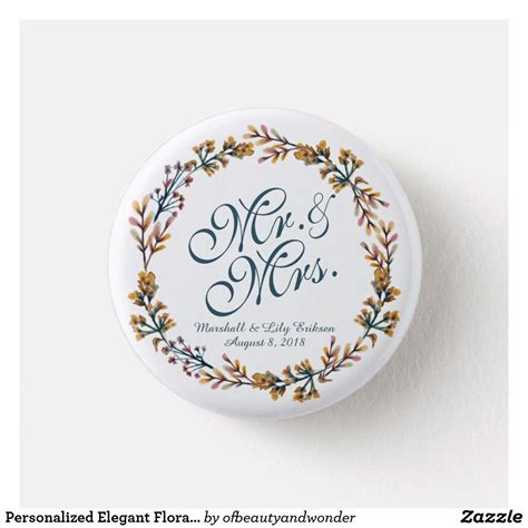 Personalized Elegant Floral Wedding Pin Button Unique Personalized