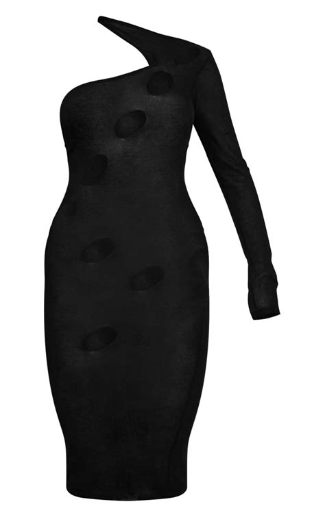 Black Sheer Knit Cut Out One Shoulder Maxi Dress Prettylittlething Ksa
