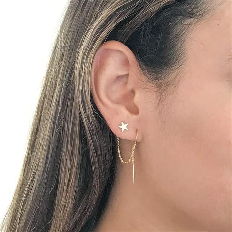 Amazon Com K Gold Filled Double Piercing Earrings Star And Moon Chain Earrings For Women