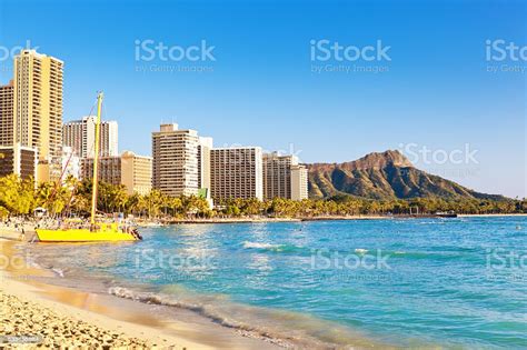 Sunny Waikiki Beach And Diamond Head Of Honolulu Hawaii Stock Photo