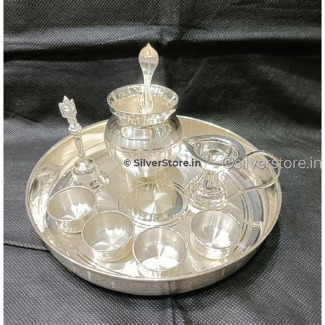 925 Silver Pooja Thali Set Pack Of 9 Items 7 Inches