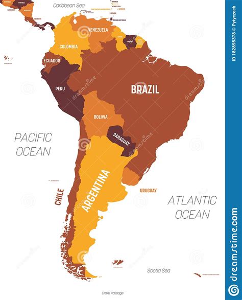 South America Map Brown Orange Hue Colored On Dark Background High