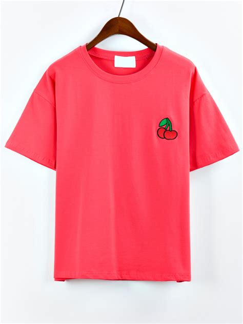 Cherry Embroidered Drop Shoulder Red T Shirt Red Tshirt Shirts