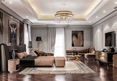 Chic Art Deco Style Luxury Taupe And Gold Bedroom Decor With Extended