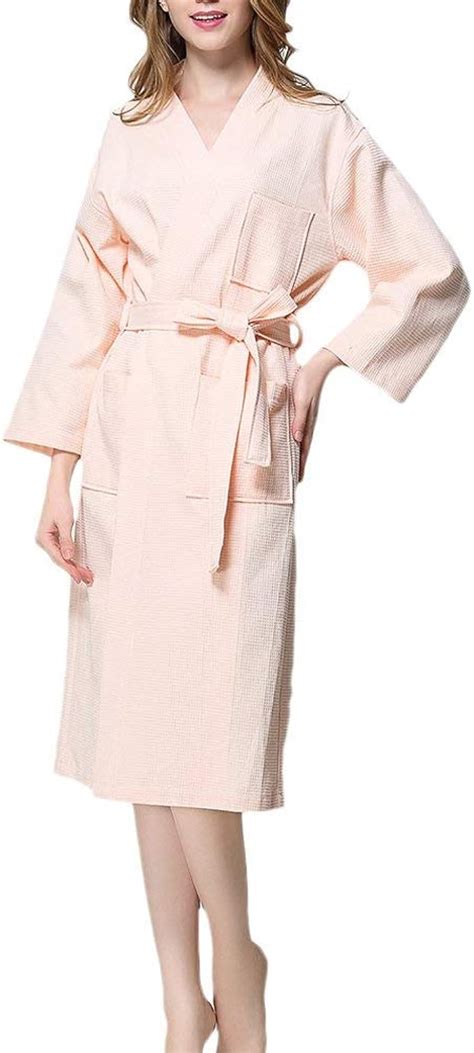 Women Bathrobe Soft Cotton Waffle Bathrobe Light Weight Dressing Gown Housecoat Long Classic