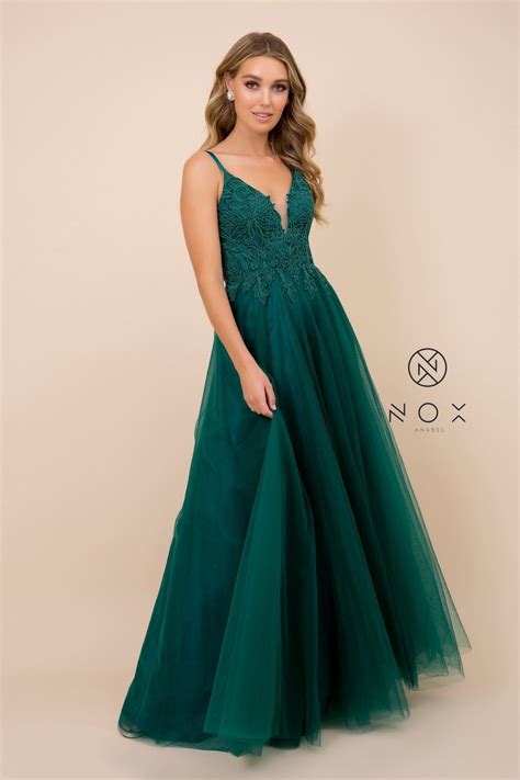 Long Tulle Embroidered Bodice Dress By Nox Anabel R357 4 Hunter Green In 2021 Green Prom