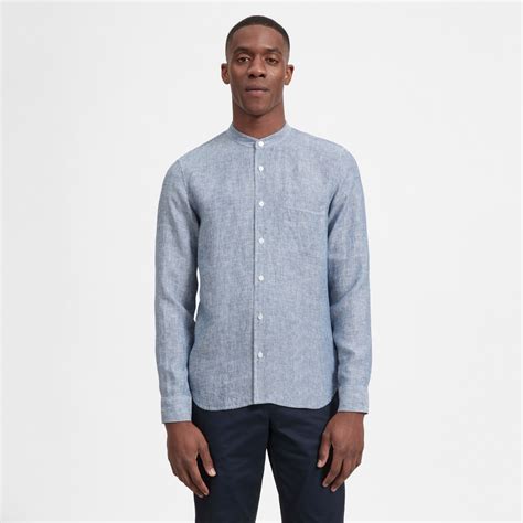 Men S Linen Band Collar Shirt By Everlane In Blue White Pinstripe In 2021 Banded Collar