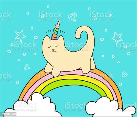Magische Kat Op De Regenboog En Twee Witte Wolken Vector Cartoon Fun