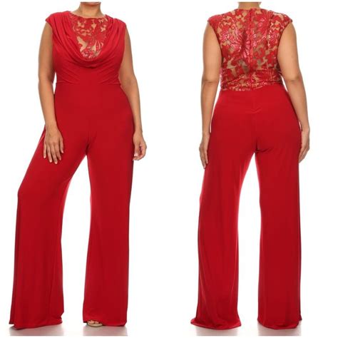image of red plus size wide leg jumpsuit with lace and sequin front red jumpsuits outfit plus